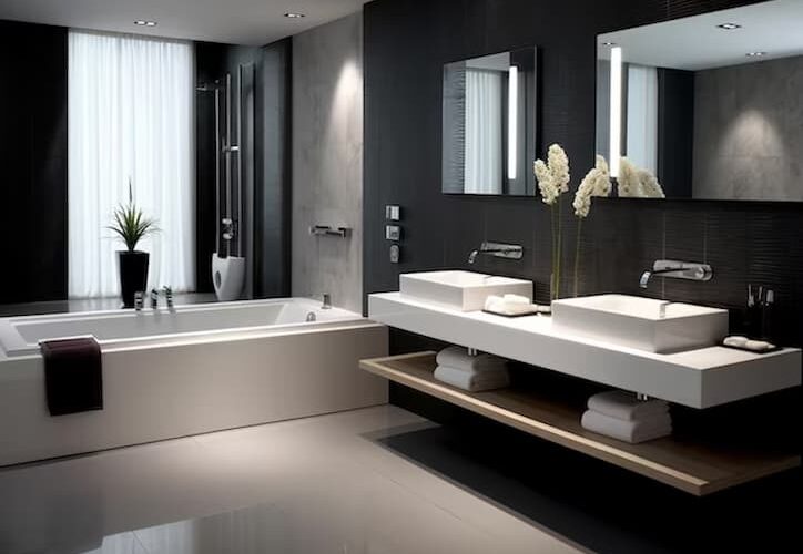 Projeto de banheiro: banheiro com detalhes em preto e branco, com uma banheira, duas pias e dois espelhos